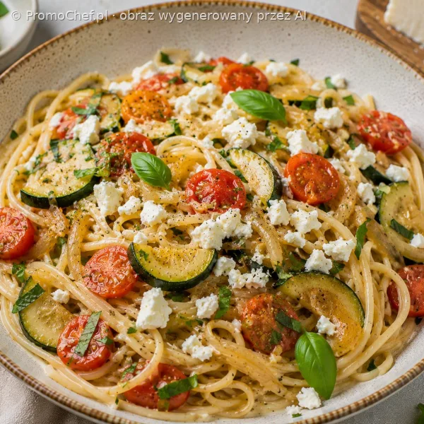 Penne z cukinią, fetą i pomidorami cherry