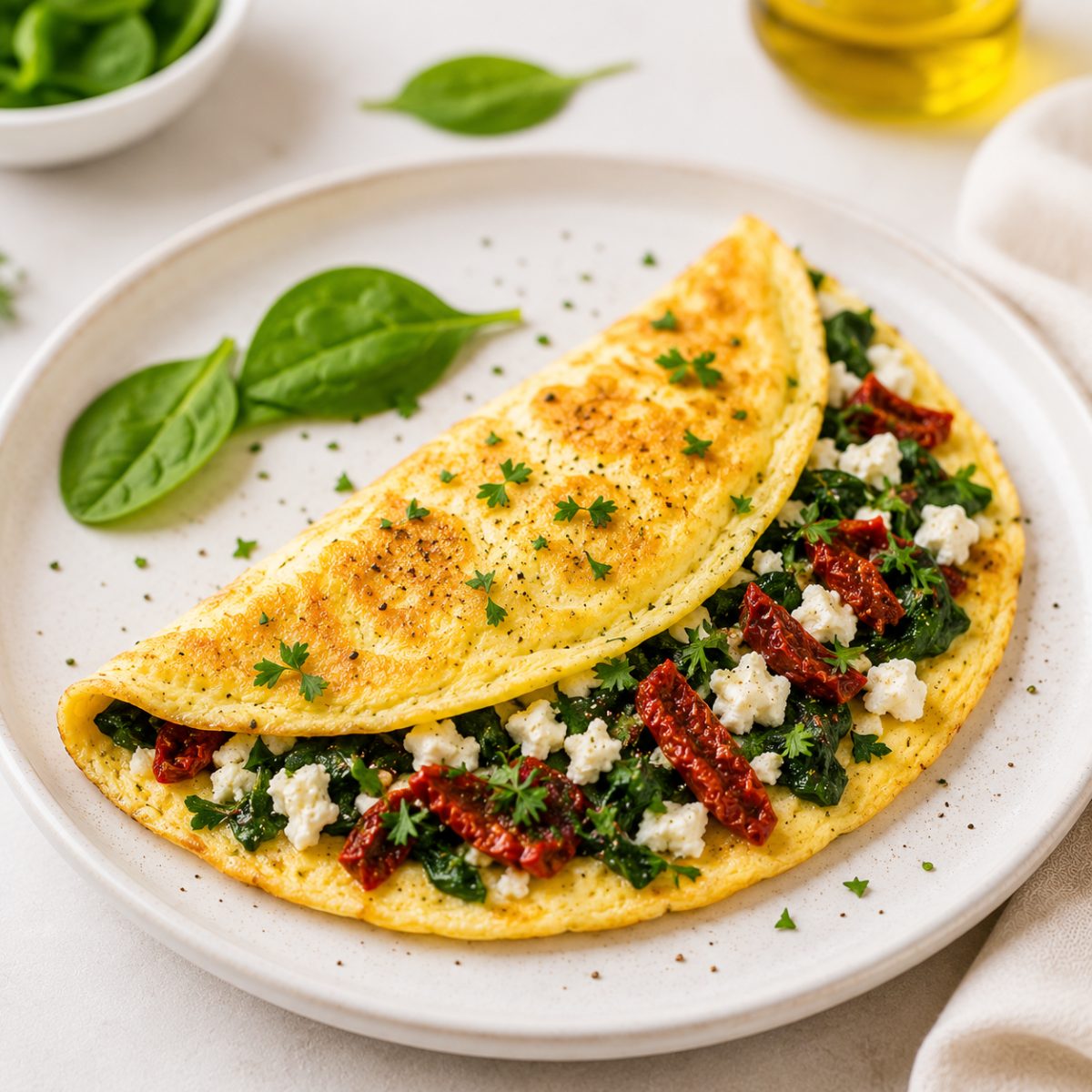 Omlet z szpinakiem, fetą i suszonymi pomidorami